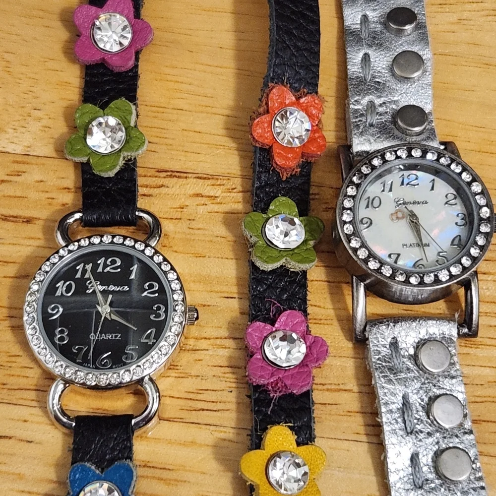 Women's Black Floral Wrap Watch with Rhinestone Accents UNTESTED USED